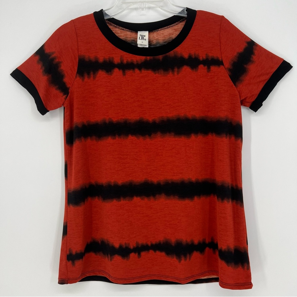 NEW Sew In Love Womans Top Short Sleeve Orange/Black Striped Stretch Slinky NWOT